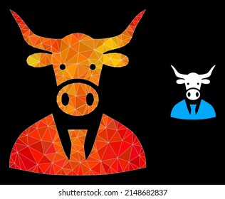 Low-poly cow boss icon with orange colorful gradient. Triangulated fire vibrant cow boss polygonal icon illustration. Polygonal cow boss vector is designed with randomized vibrant triangles.