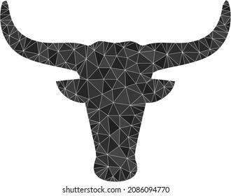 La imagen del icono de cabeza de vaca de bajo nivel de pólvora está construida con triángulos rellenos al azar. Ilustración vectorial de la cabeza poligonal de vaca triangular. El icono Cabeza de vaca está lleno de triángulos.