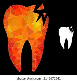 icono del diente con grieta de color naranja con gradiente de color. Ilustración poligonal 2d de dientes craqueados de color triangulada con llama.