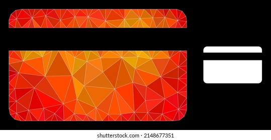 lowpoly credit card icon with fire colored gradient. Triangulated fire colored credit card polygonal symbol illustration. Polygonal credit card vector combined from chaotic colorful triangles.