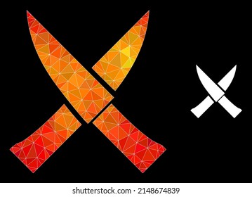 Low-poly crossing knives icon with fire colorful gradient. Triangulated fire vibrant crossing knives polygonal symbol illustration.