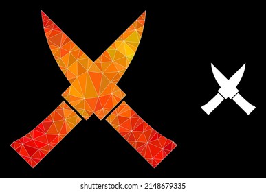 lowpoly crossing knives icon with orange vibrant gradient. Triangulated orange vibrant crossing knives polygonal icon illustration.