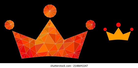 Low-poly crown icon with orange vibrant gradient. Triangulated orange colored crown polygonal symbol illustration. Polygonal crown vector combined from scattered vibrant triangles.