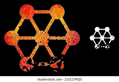 Low-poly damaged blockchain icon with orange colorful gradient. Triangulated orange colored damaged blockchain polygonal symbol illustration.