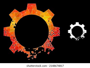 Low-poly damaged gear icon with flame vibrant gradient. Triangulated flame colorful damaged gear polygonal symbol illustration.