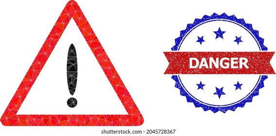 Ilustración poligonal 2d de peligro flojo y sello de rosette bicolor granulado, en colores rojo y azul. El peligro de muerte colectiva se creó con triángulos rellenos dispersos. El sello de marca de rosette utiliza colores rojo y azul.