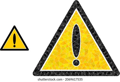 lowpoly danger triangle icon on a white background. Flat geometric polygonal symbol based on danger triangle icon. Polygonal danger triangle vector is filled with chaotic triangles.