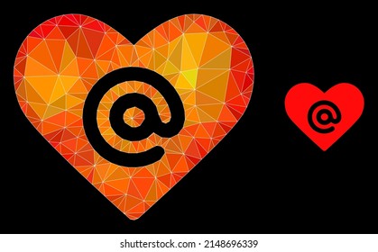 Low-poly dating heart address icon with orange vibrant gradient. Triangulated fire vibrant dating heart address polygonal symbol illustration.