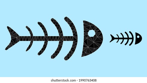 Low-poly dead fish icon on a light blue background. Polygonal dead fish vector is designed with chaotic triangles. Triangulated dead fish polygonal icon illustration.