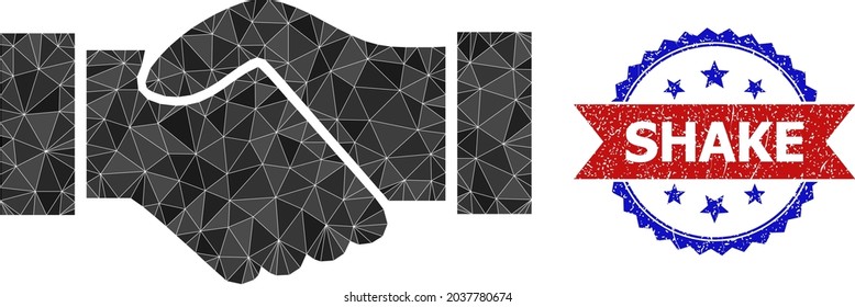 Low-poly deal handshake polygonal 2d illustration, and grunge bicolor rosette seal, in red and blue colors. Mosaic deal handshake is composed of random filled triangles.