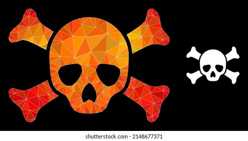 Low-poly death skull icon with flame colorful gradient. Triangulated flame colorful death skull polygonal 2d illustration. Polygonal death skull vector is combined of randomized vibrant triangles.