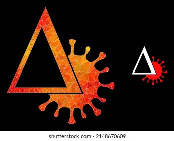 Low-poly delta Covid virus icon with fire vibrant gradient. Triangulated fire colored delta Covid virus polygonal symbol illustration.