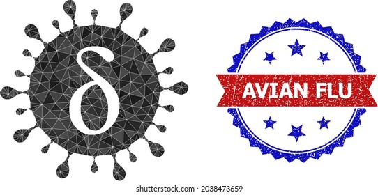 Ilustración de símbolo poligonal del virus Delta de baja póliza y sello de rosette bicolor gris, en colores rojo y azul. El delta del collage contiene virus creados a partir de triángulos rellenos aleatorizados.