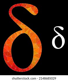 Low-poly Delta small letter icon with flame colored gradient. Triangulated orange colored Delta small letter polygonal 2d illustration.