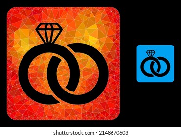 lowpoly diamond wedding rings icon with fire colored gradient. Triangulated flame colored diamond wedding rings polygonal icon illustration.