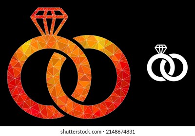lowpoly diamond wedding rings icon with orange colorful gradient. Triangulated flame colored diamond wedding rings polygonal symbol illustration.