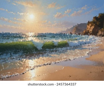 Una obra de arte digital de bajo contenido de polietileno de una playa al atardecer. Presenta Formas geométricas que forman el agua, el horizonte y el reflejo solar en la superficie del agua. Ideal para una Imagen moderna y artística.