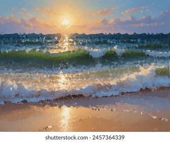 Una obra de arte digital de bajo contenido de polietileno de una playa al atardecer. Presenta Formas geométricas que forman el agua, el horizonte y el reflejo solar en la superficie del agua. Ideal para una Imagen moderna y artística.