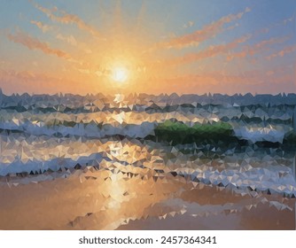 Una obra de arte digital de bajo contenido de polietileno de una playa al atardecer. Presenta Formas geométricas que forman el agua, el horizonte y el reflejo solar en la superficie del agua. Ideal para una Imagen moderna y artística.