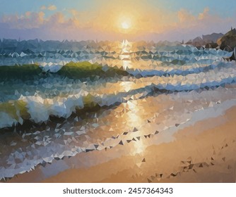 Una obra de arte digital de bajo contenido de polietileno de una playa al atardecer. Presenta Formas geométricas que forman el agua, el horizonte y el reflejo solar en la superficie del agua. Ideal para una Imagen moderna y artística.