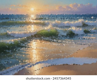 Una obra de arte digital de bajo contenido de polietileno de una playa al atardecer. Presenta Formas geométricas que forman el agua, el horizonte y el reflejo solar en la superficie del agua. Ideal para una Imagen moderna y artística.