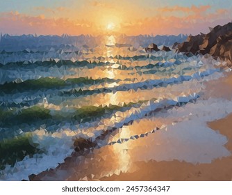 Una obra de arte digital de bajo contenido de polietileno de una playa al atardecer. Presenta Formas geométricas que forman el agua, el horizonte y el reflejo solar en la superficie del agua. Ideal para una Imagen moderna y artística.