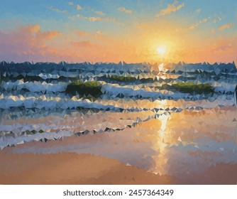 Una obra de arte digital de bajo contenido de polietileno de una playa al atardecer. Presenta Formas geométricas que forman el agua, el horizonte y el reflejo solar en la superficie del agua. Ideal para una Imagen moderna y artística.