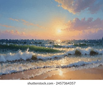 Una obra de arte digital de bajo contenido de polietileno de una playa al atardecer. Presenta Formas geométricas que forman el agua, el horizonte y el reflejo solar en la superficie del agua. Ideal para una Imagen moderna y artística.