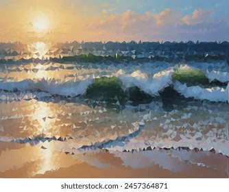 А ilustraciones digitales de bajo poli de una playa al atardecer. Presenta Formas geométricas que forman el agua, el horizonte y el reflejo solar en la superficie del agua. Ideal para una Imagen moderna y artística.