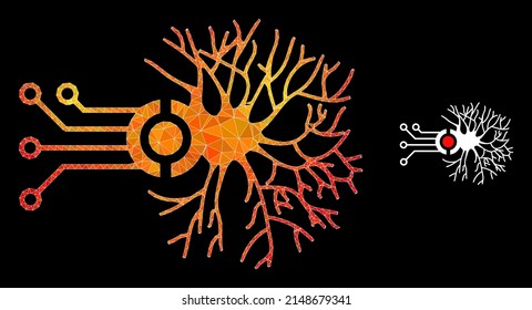 Low-poly digital neural connection icon with flame colored gradient. Triangulated flame vibrant digital neural connection polygonal 2d illustration.