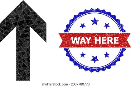 Lowpoly up direction polygonal icon illustration, and grunge bicolor rosette seal stamp, in red and blue colors. Mosaic up direction formed of scattered color triangles.