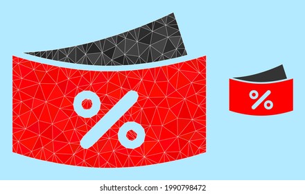 Low-poly discount coupones icon on a sky blue background. Polygonal discount coupones vector constructed with randomized triangles. Triangulated discount coupones polygonal symbol illustration.