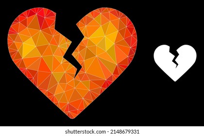 lowpoly divorce heart icon with orange vibrant gradient. Triangulated fire colored divorce heart polygonal icon illustration. Polygonal divorce heart vector combined from random bright triangles.