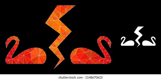 Low-poly divorce swans icon with fire colorful gradient. Triangulated flame colorful divorce swans polygonal icon illustration. Polygonal divorce swans vector is filled with chaotic colored triangles.