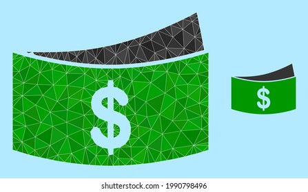 lowpoly dollar bills icon on a sky blue background. Polygonal dollar bills vector combined from scattered triangles. Triangulated dollar bills polygonal icon illustration.