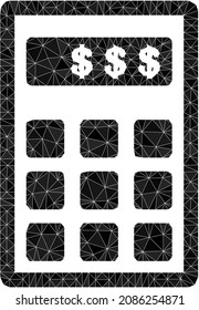 La ilustración de un icono de calculadora de bajo valor se construye con triángulos caóticos rellenos. Ilustración vectorial 2d poligonal calculadora triangulada en dólares.