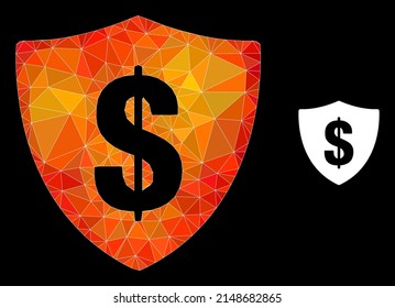 Low-poly dollar shield icon with fire vibrant gradient. Triangulated fire colorful dollar shield polygonal icon illustration. Polygonal dollar shield vector constructed with random colorful triangles.