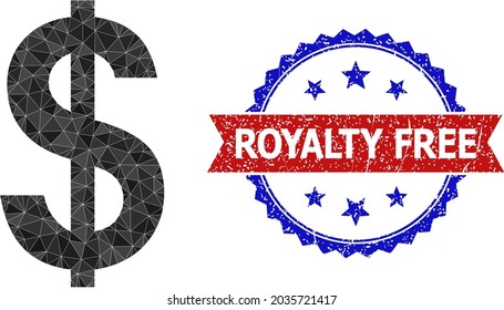 Lowpoly dollar sign polygonal symbol illustration, and grunge bicolor rosette seal stamp, in red and blue colors. Collage dollar sign designed from random colored triangles.