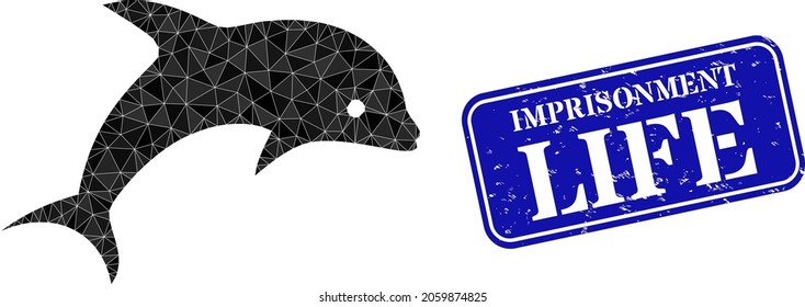 Low-poly dolphin designed with scattered filled triangles, and grunge Imprisonment Life seal. Blue rounded framed rectangular seal has Imprisonment Life text inside framed rectangle form.