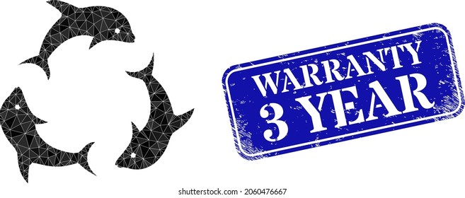 Low-poly dolphin trio constructed with random filled triangles, and grunge Warranty 3 Year badge. Blue rounded framed rectangle stamp has Warranty 3 Year caption inside framed rectangle shape.