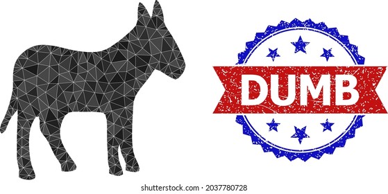 Low-poly donkey polygonal icon illustration, and grunge bicolor rosette seal stamp, in red and blue colors. Collage donkey is formed from chaotic filled triangles.