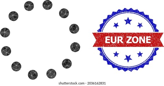 Low-Poly-gepunktete Kreis, polygonal 2d-Illustration, und farbige Schmutzspritzer-Rosette, in Rot und Blau. Mosaikkreisperimeter aus randomisierten, gefüllten Dreiecken.