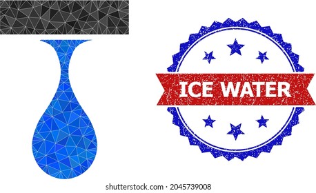 Low-poly drip drop polygonal icon illustration, and grunge bicolor rosette seal, in red and blue colors. Collage drip drop composed from random color triangles. Rosette seal uses red and blue colors.