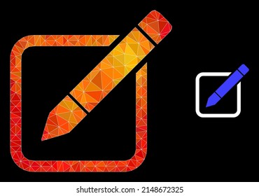 Low-poly edit pencil icon with fire vibrant gradient. Triangulated fire vibrant edit pencil polygonal icon illustration. Polygonal edit pencil vector designed of random bright triangles.