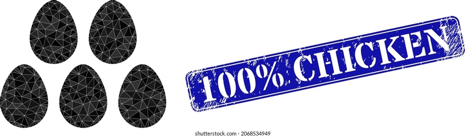 Low-poly eggs combined with randomized filled triangles, and grunge 100 discount Chicken badge. Blue rounded framed rectangle seal contains 100 discount Chicken caption inside framed rectangle form.