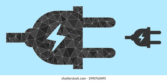 lowpoly electric plug icon on a light blue background. Polygonal electric plug vector is filled from random triangles. Triangulated electric plug polygonal icon illustration.