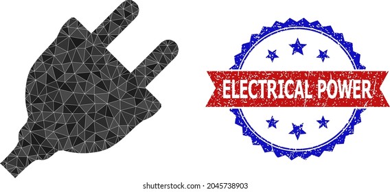 Ilustración poligonal 2d de enchufe eléctrico de baja popa y sello de rosette bicolor de grano, en colores rojo y azul. El enchufe eléctrico de color se forma a partir de triángulos de colores caóticos.