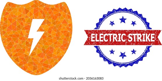 Ilustración de icono poligonal con escudo eléctrico flojo y impresión de sello rosette bicolor en colores rojo y azul. El escudo eléctrico de color se compone de triángulos de colores aleatorios.