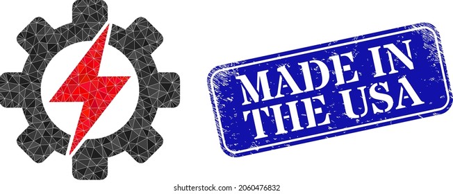 Low-poly electrical industry constructed from randomized filled triangles, and grunge Made in the USA watermark.