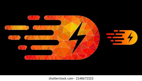 Low-Poly-Elektrizitätssymbol mit flammendem Farbverlauf. Triangulierte Feuer lebende Elektrizität polygonal Symbol-Illustration. Polygonaler Stromvektor ist gefüllt mit zufälligen bunten Dreiecken.